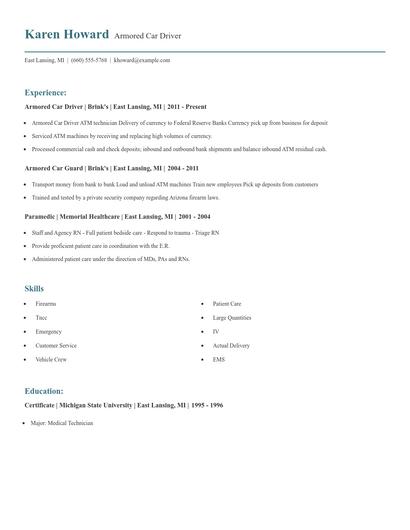 Armored Car Driver Resume