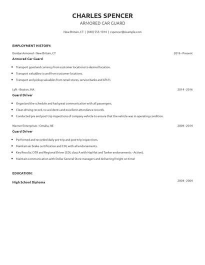Armored Car Guard Resume