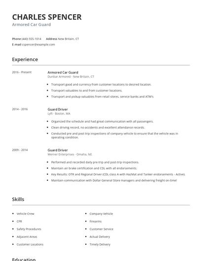 Armored Car Guard Resume