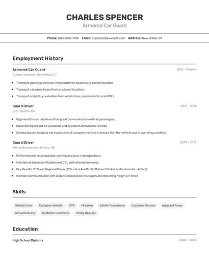 Armored Car Guard Resume