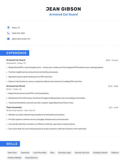 Armored Car Guard Resume