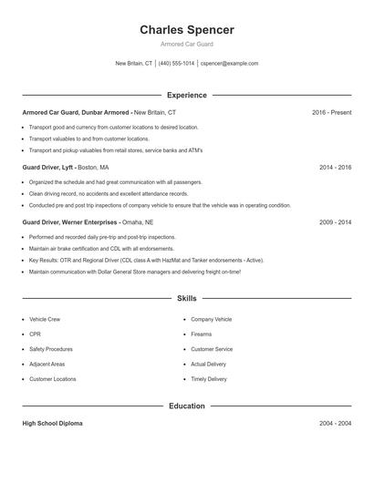 Armored Car Guard Resume