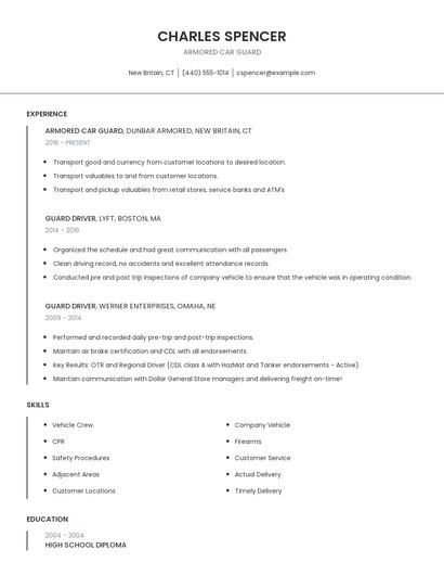 Armored Car Guard Resume