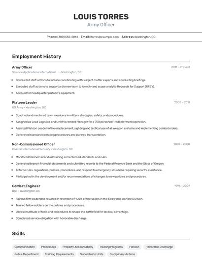 Army Officer Resume