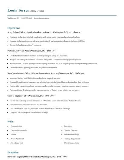 Army Officer Resume