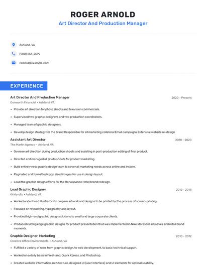 Art Director And Production Manager Resume