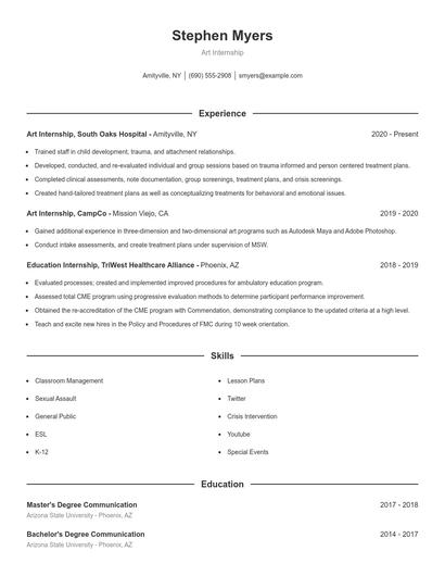 Art Internship Resume