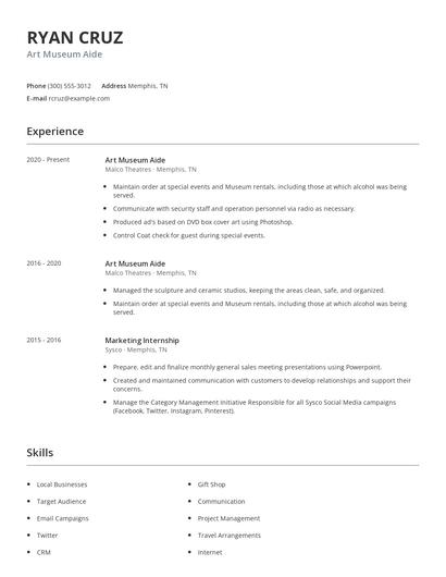 Art Museum Aide Resume