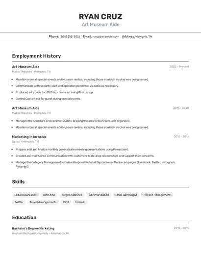 Art Museum Aide Resume