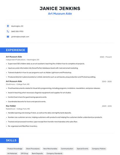 Art Museum Aide Resume
