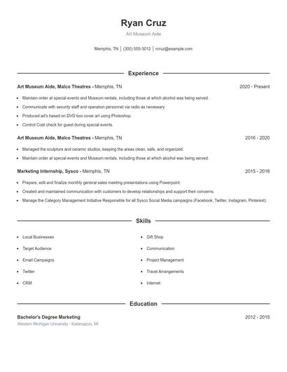 Art Museum Aide Resume