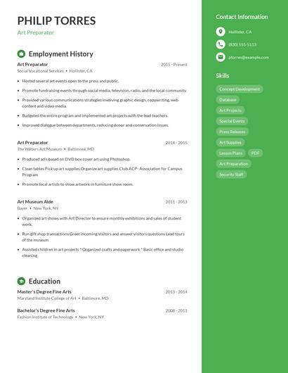 Art Preparator Resume