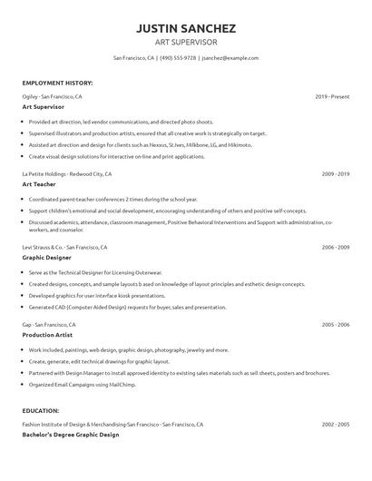 Art Supervisor Resume