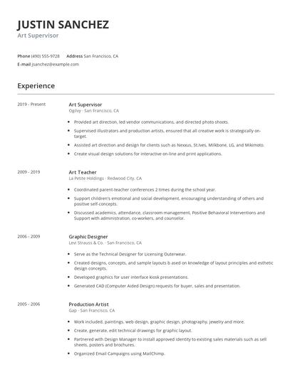 Art Supervisor Resume
