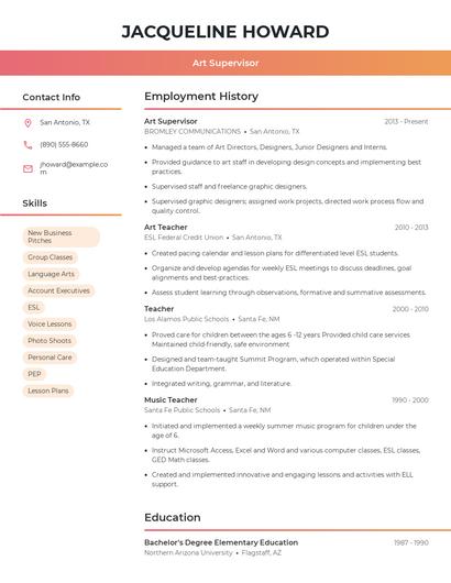 Art Supervisor Resume