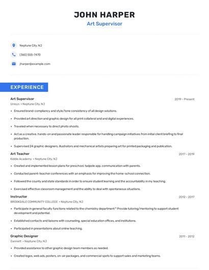 Art Supervisor Resume