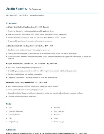 Art Supervisor Resume