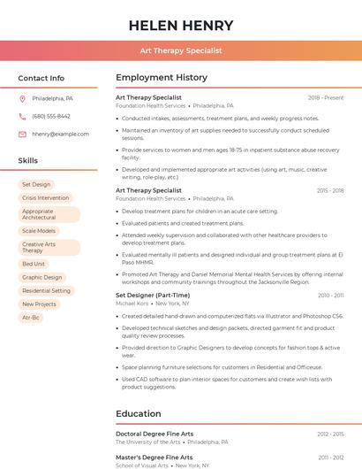 Art Therapy Specialist Resume