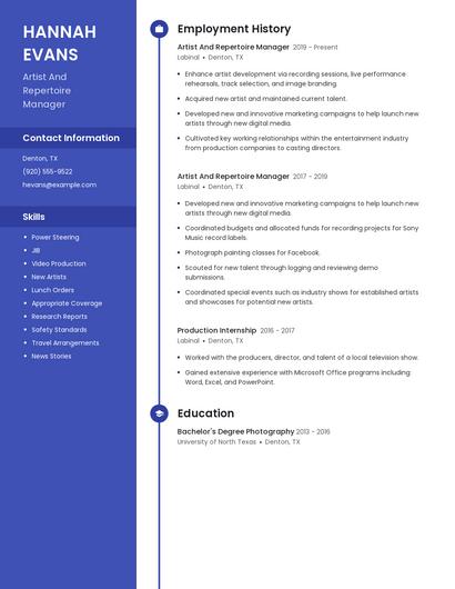 Artist And Repertoire Manager Resume