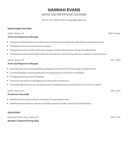 Artist And Repertoire Manager Resume