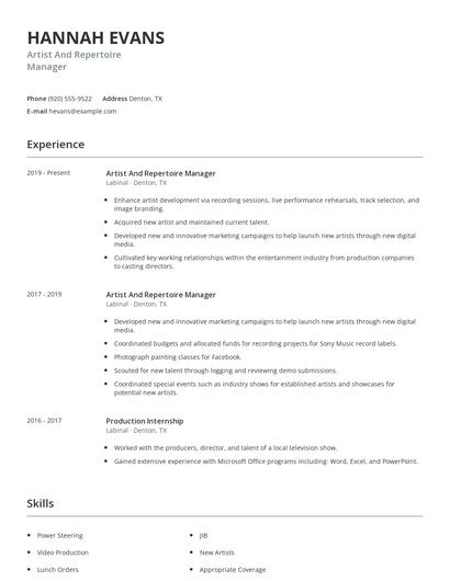 Artist And Repertoire Manager Resume