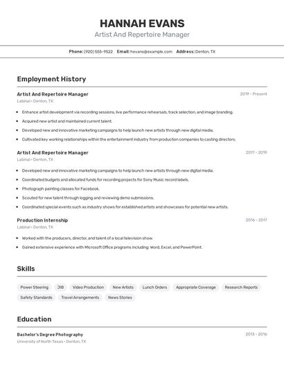 Artist And Repertoire Manager Resume