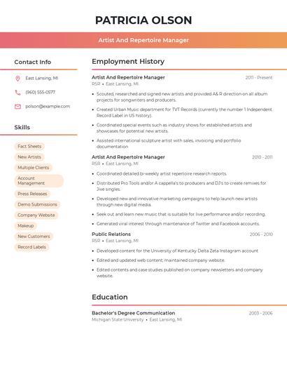 Artist And Repertoire Manager Resume