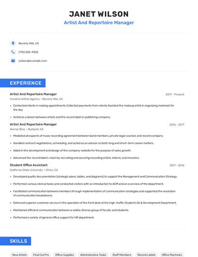 Artist And Repertoire Manager Resume