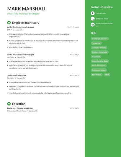 Artist And Repertoire Manager Resume