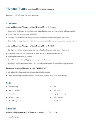 Artist And Repertoire Manager Resume