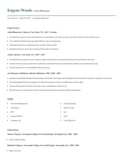 Artist/Illustrator Resume
