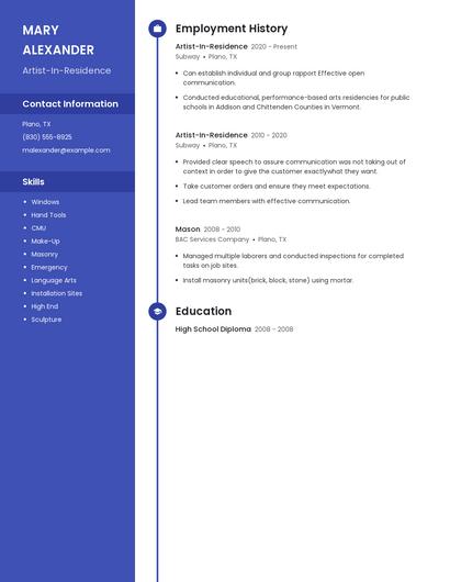 Artist-In-Residence Resume