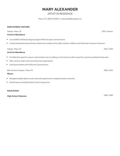 Artist-In-Residence Resume