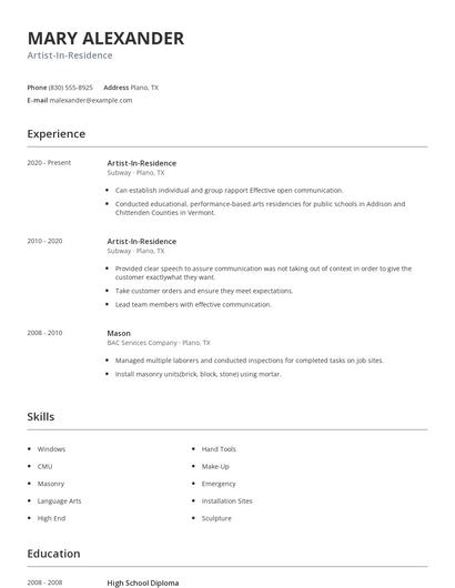 Artist-In-Residence Resume