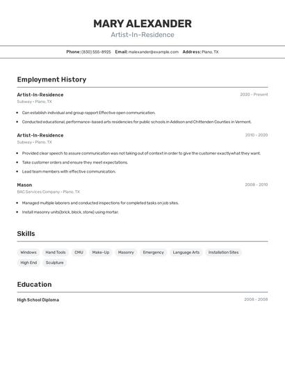 Artist-In-Residence Resume