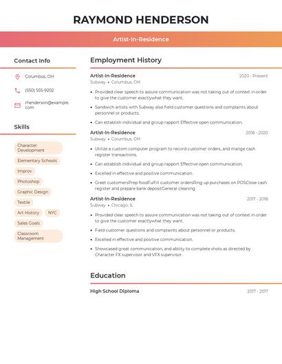 Artist-In-Residence Resume