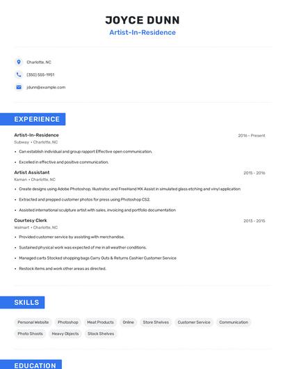 Artist-In-Residence Resume