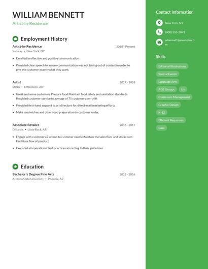 Artist-In-Residence Resume