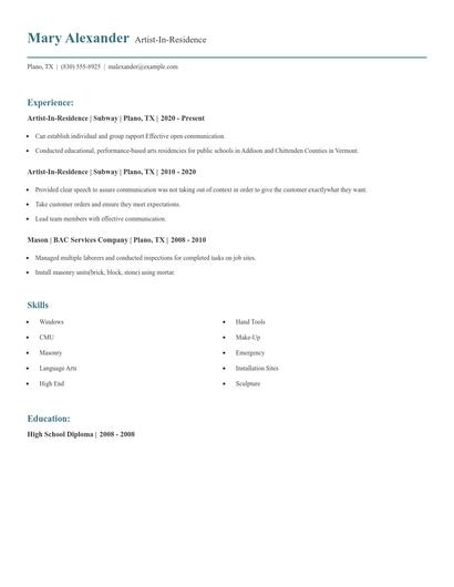 Artist-In-Residence Resume