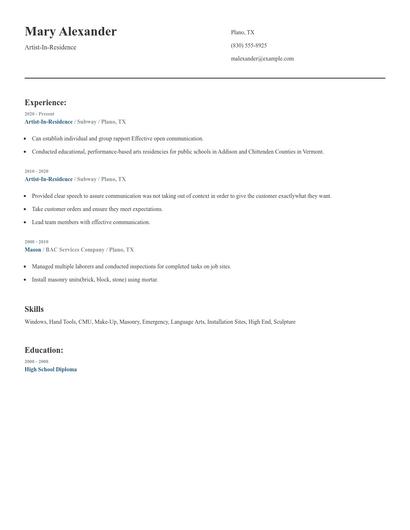 Artist-In-Residence Resume