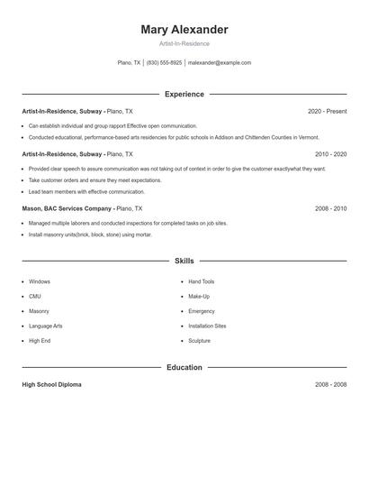 Artist-In-Residence Resume
