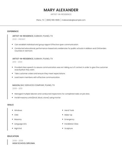 Artist-In-Residence Resume