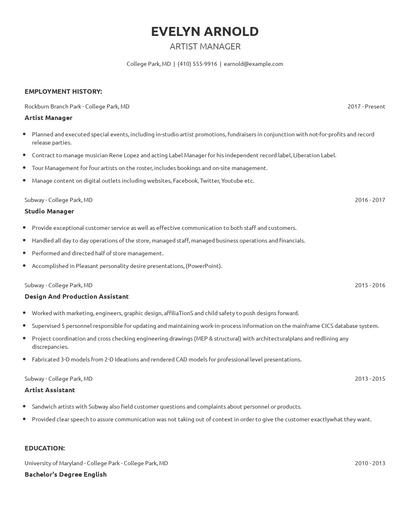 Artist Manager Resume