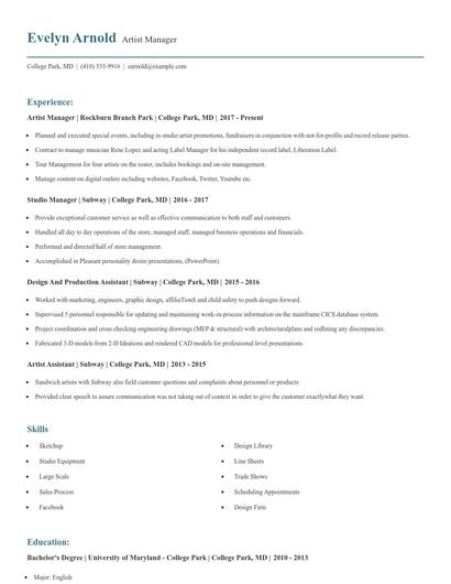 Artist Manager Resume