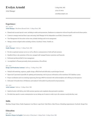 Artist Manager Resume