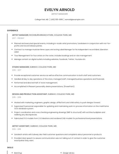 Artist Manager Resume