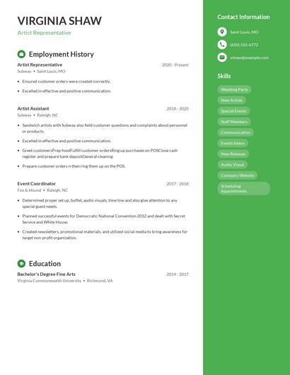 Artist Representative Resume
