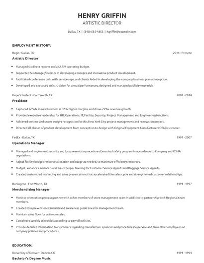 Artistic Director Resume