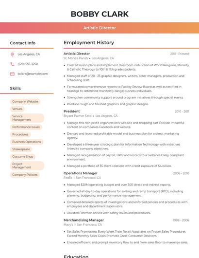 Artistic Director Resume