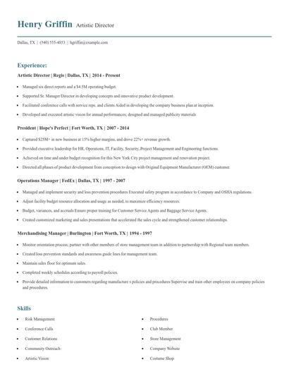 Artistic Director Resume